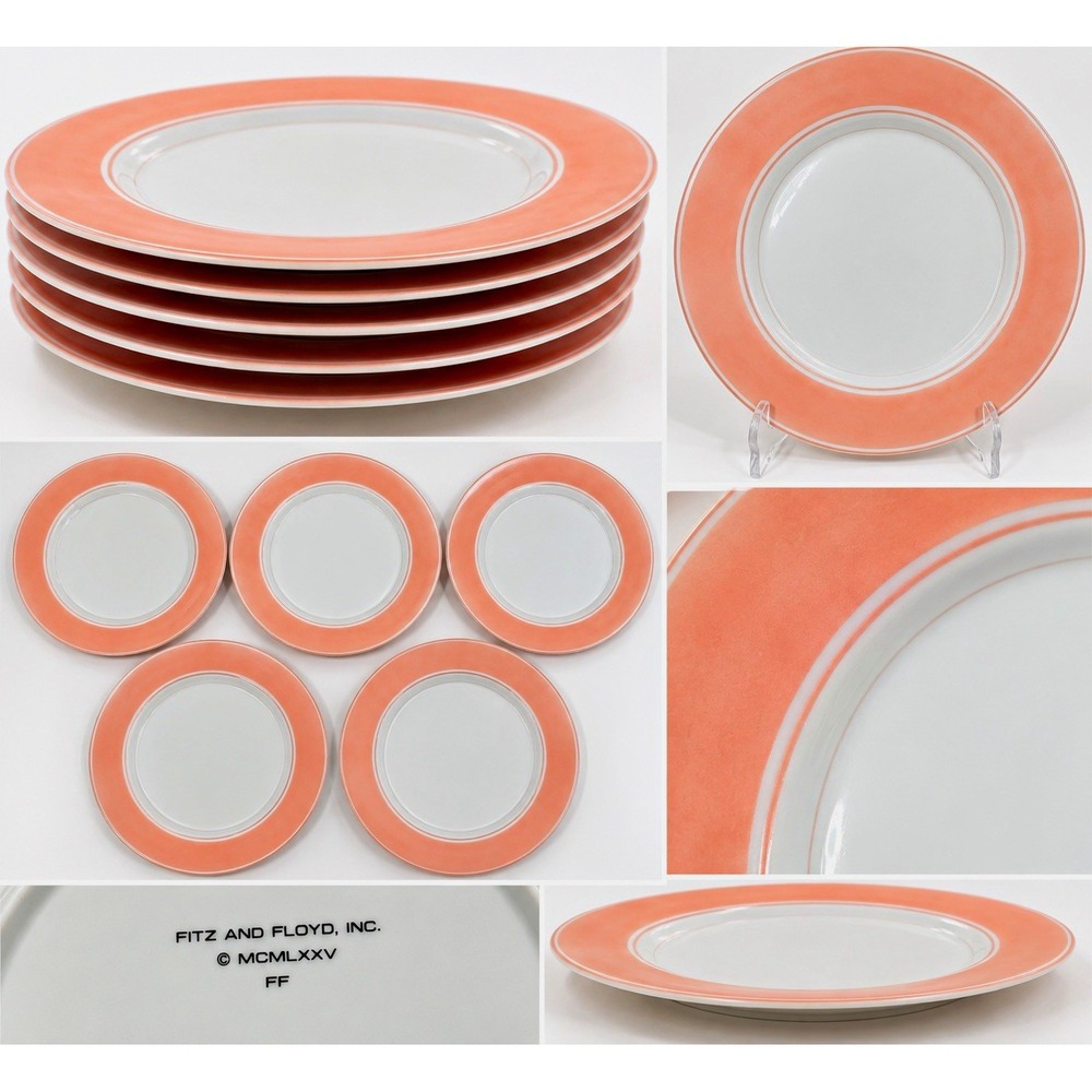 Vintage 1975 Fitz & Floyd Coral Pink White Dinner Plates Set of 5 MCM